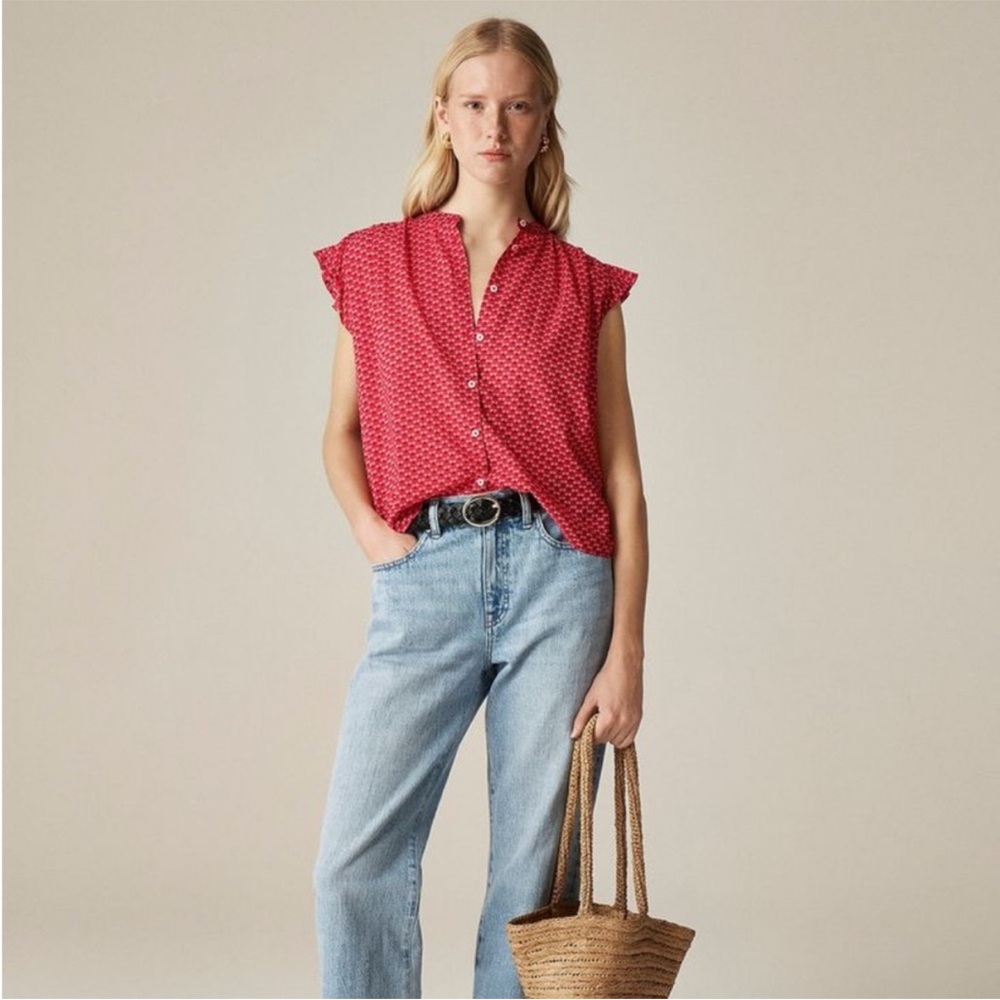 J. Crew Flutter-sleeve Button-up Shirt In Cotton Voile CK037 Vintage Red 18 XXL
